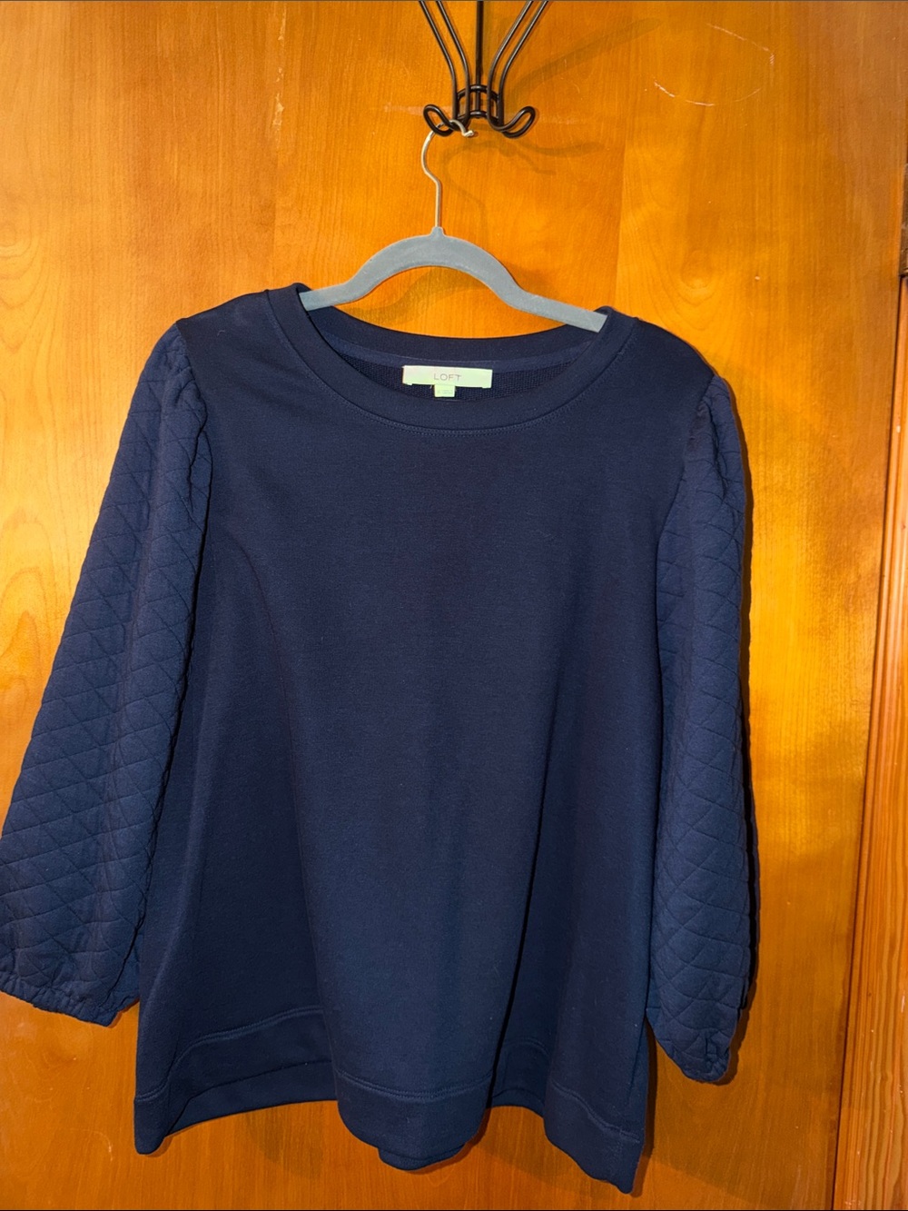 LOFT Navy Quilted-Sleeve Pullover